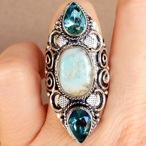 New Larimar and Blue Topaz 925 Silver Statement Ring.